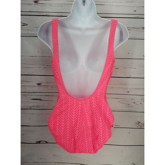 Catalina Vtg 90s Hot pink eyelet bathing suit Open Back sz 12 one piece swimsuit - Picture 3 of 11